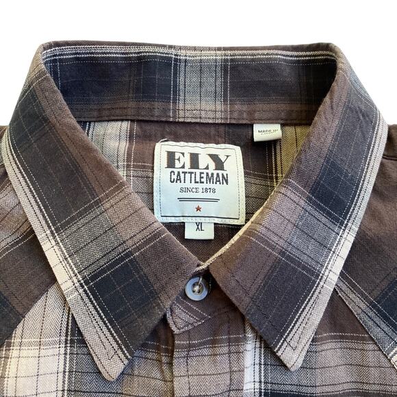 WESTERN ELY Cattlemen XL Brown Plaid Western Shirt VTG - Picture 5 of 15